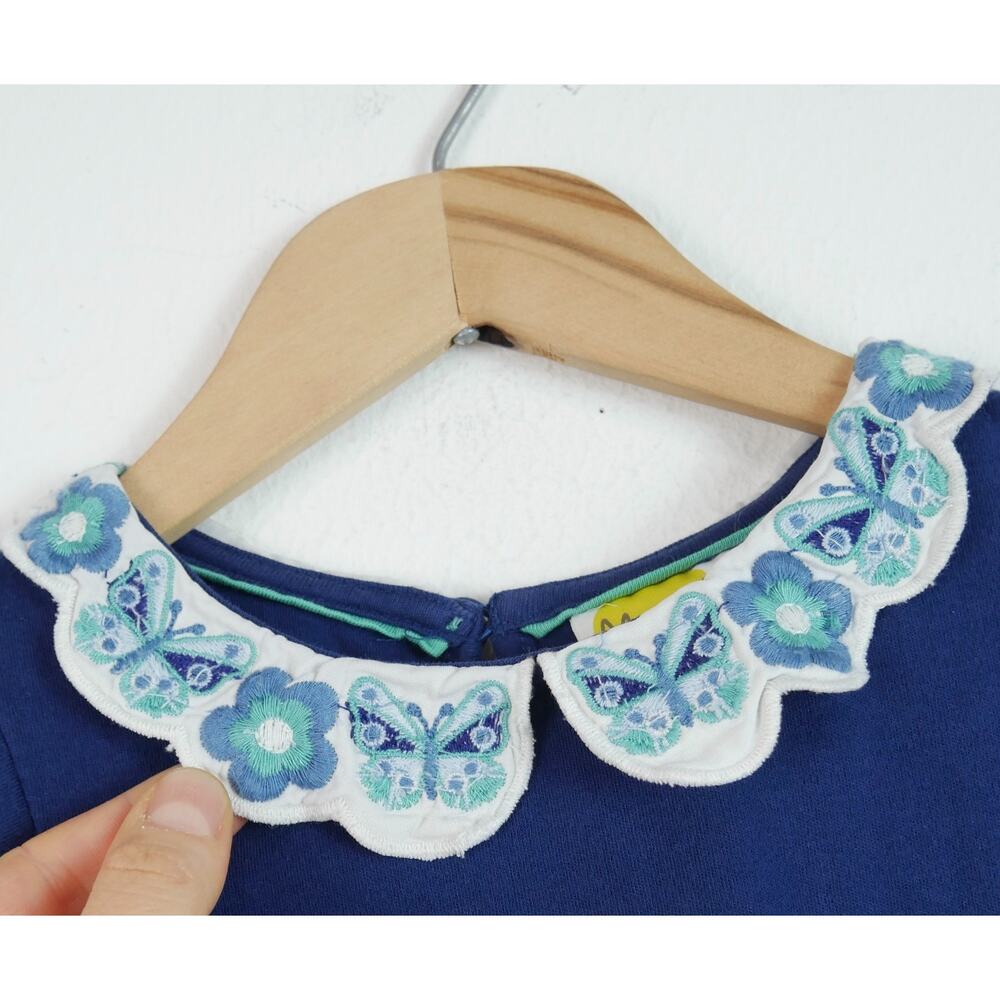 Mini Boden Girls Dress 6 7 Y Blue Cotton Short Sleeve Embroidered Collar Floral - Picture 2 of 7